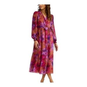Sofia Vergara Long-Sleeve Floral Maxi Dress Burnt Orange Pink Purple Size M